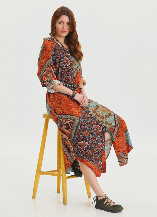 Shirt Collar Belt Detailed Coffee Patterned Casual Dress 4452